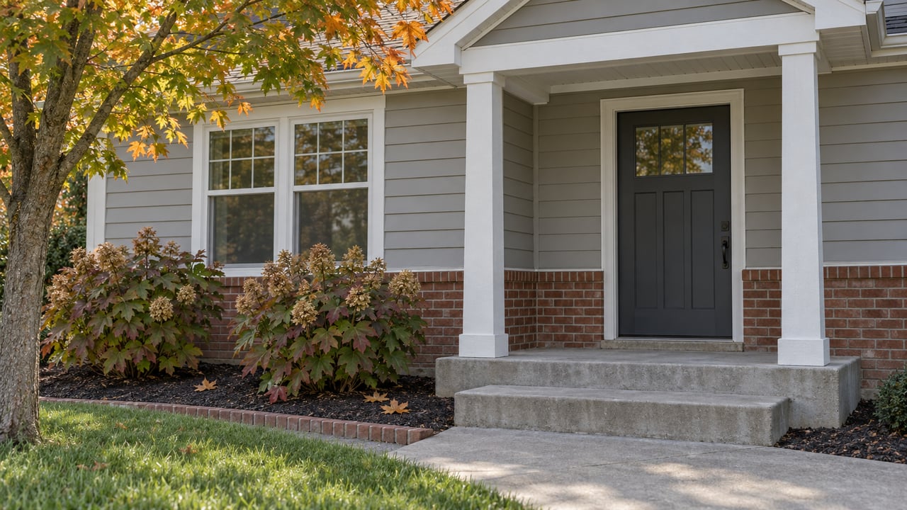 Gray-sided suburban home with a sheltered charcoal front door, brick foundation, and amber maple foliage beside an orderly autumn planting bed.