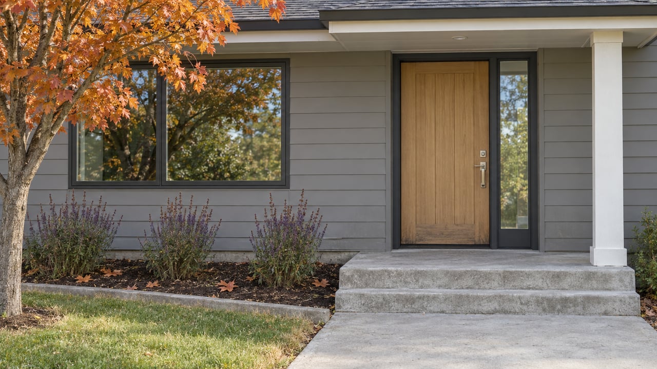 An autumn maple frames a gray-sided home's recessed wood entry, broad window, and concrete front steps.