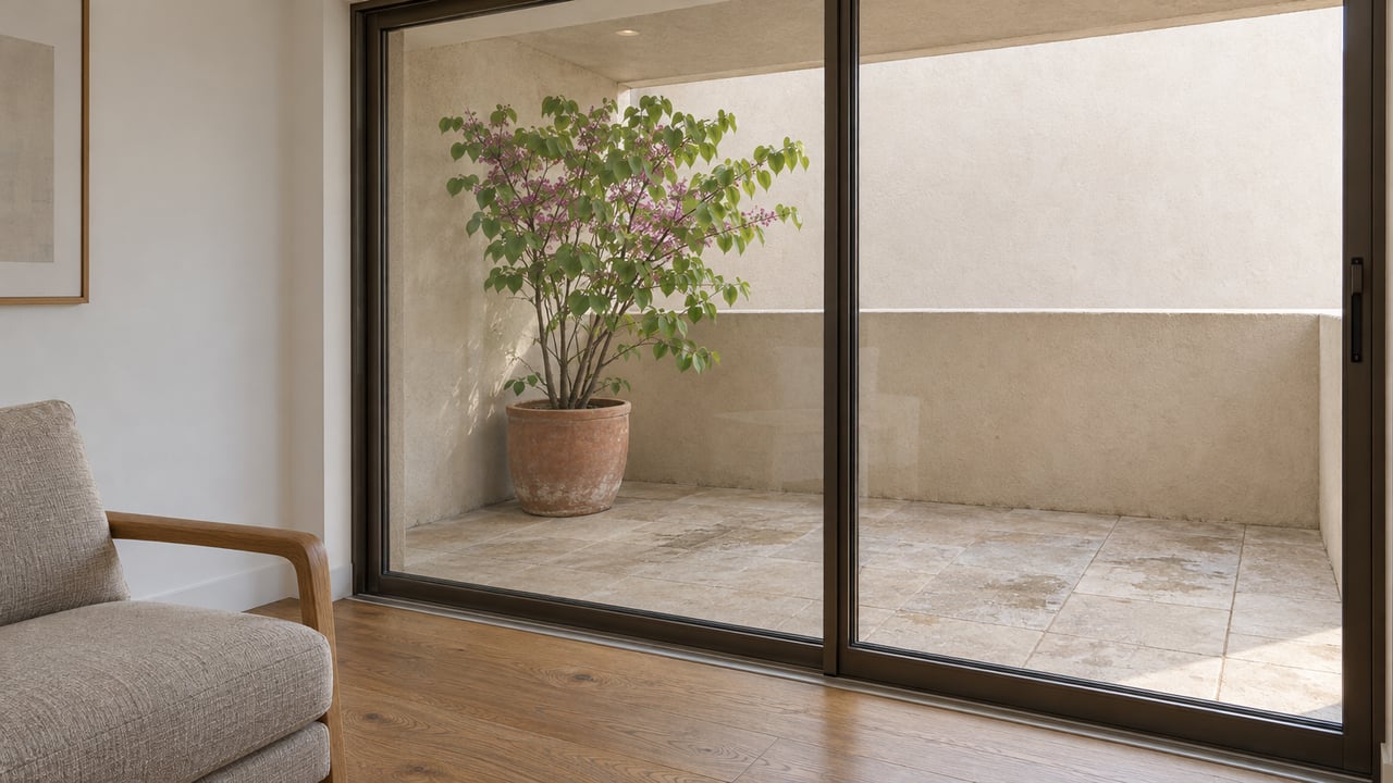 An oak-floored living room opens visually through closed bronze-framed glass onto a small limestone terrace with pale stucco walls and one potted redbud.