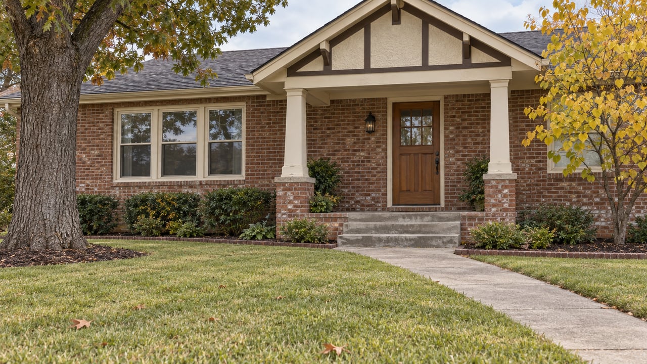 Red-brown brick house with a covered porch, cream window frames, autumn lawn and mature oak tree.