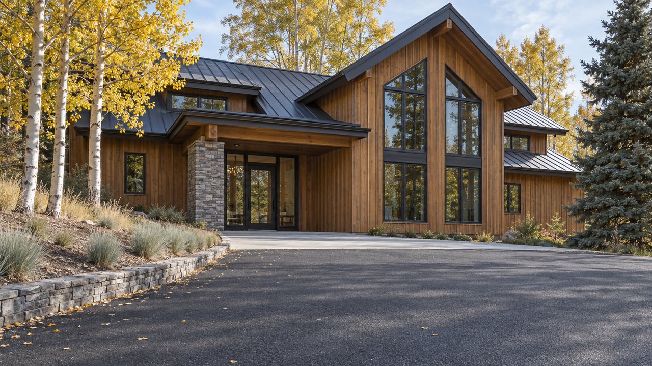 Two-story lodge with a steep metal gable, timber siding, and stone entry beside an uphill drive and aspens.