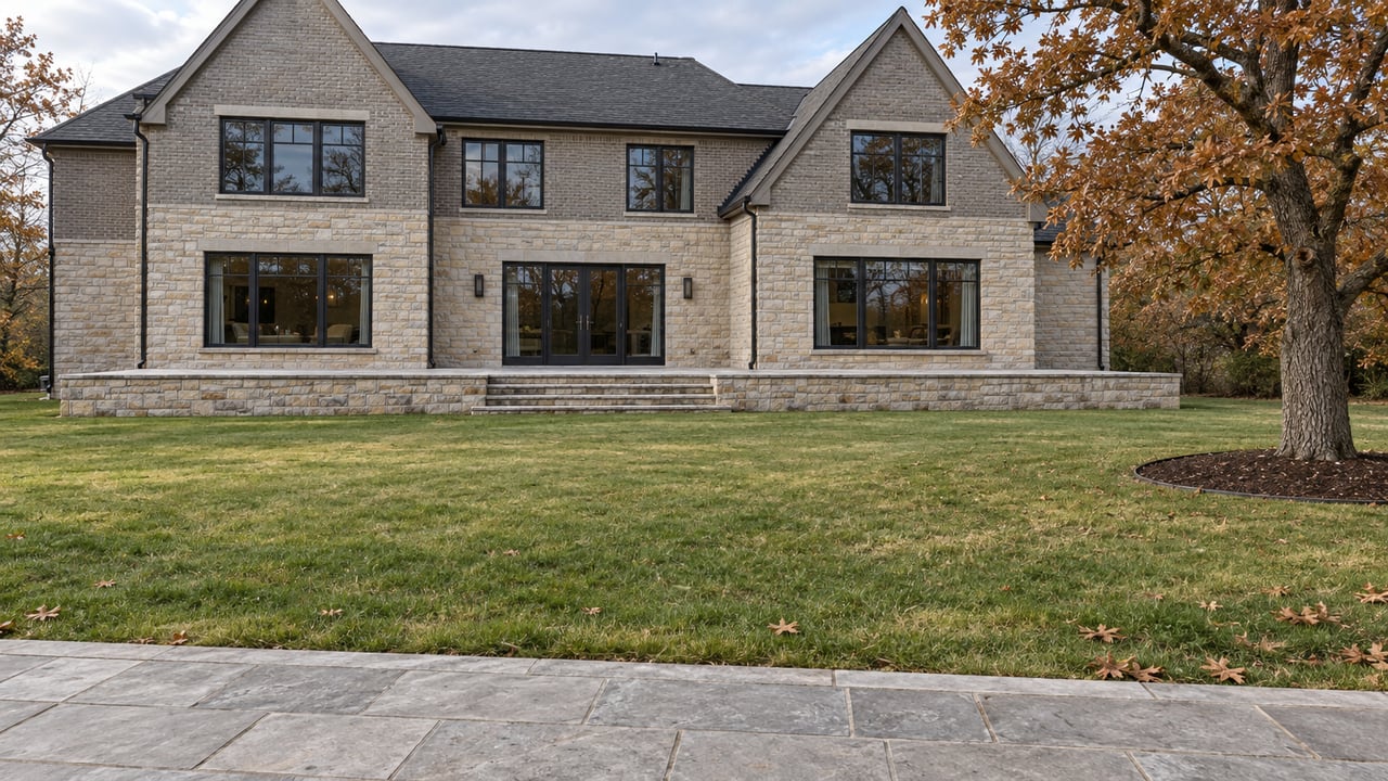 A broad autumn lawn and mature bur oak beside a custom home's stone-and-brick rear elevation, viewed from a limestone terrace.