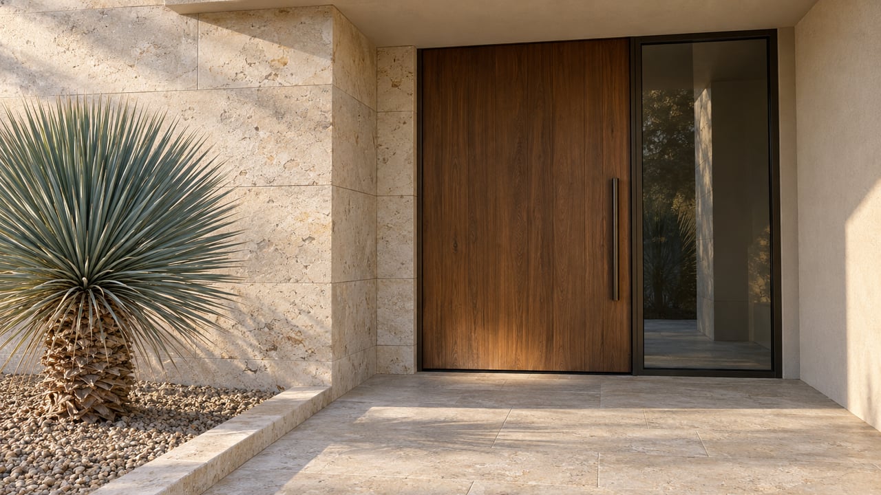 Modern home entry with a tall wood door, pale stone walls, and a spiky desert plant.