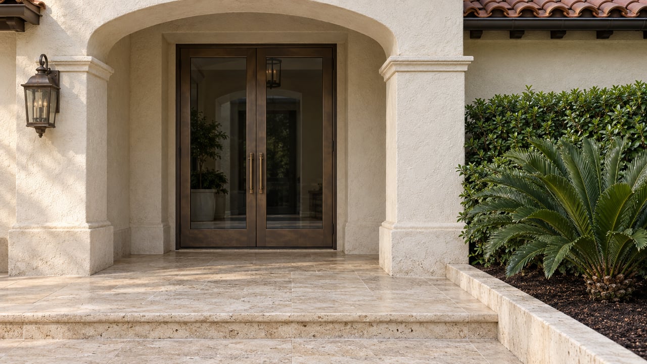 Cream stucco arched entrance with bronze-framed double doors, weathered travertine steps and sculptural coontie planting.