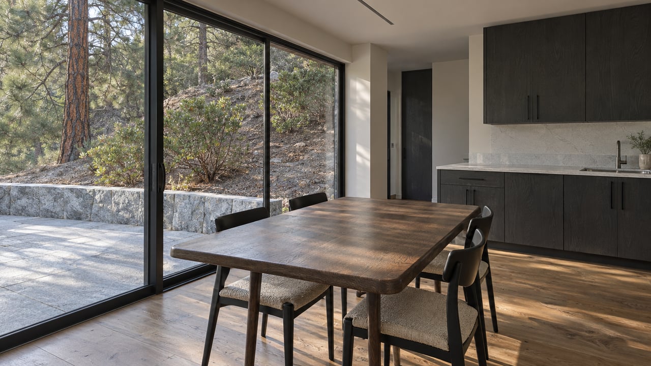 Contemporary dining room with a smoked-oak table, charcoal cabinetry and full-height glass overlooking a granite terrace and pine.