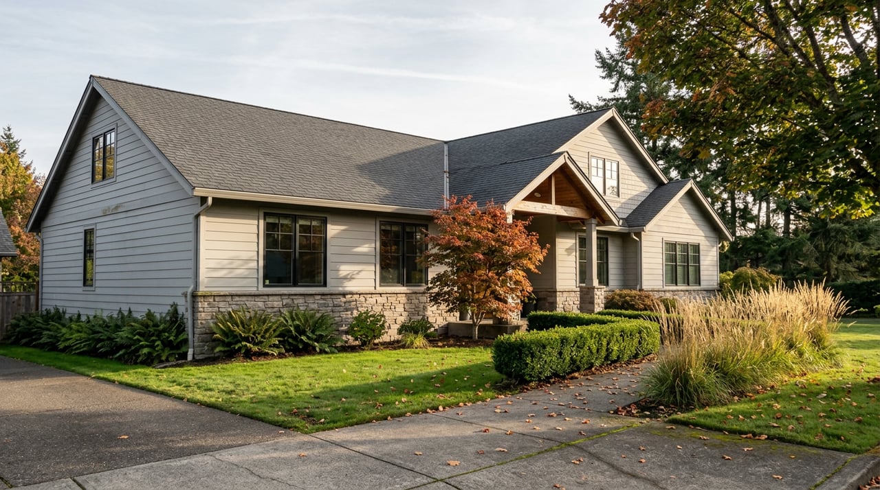 Two-story gray gabled home with stone base, red-orange Japanese maple, and fallen leaves along the walkway.