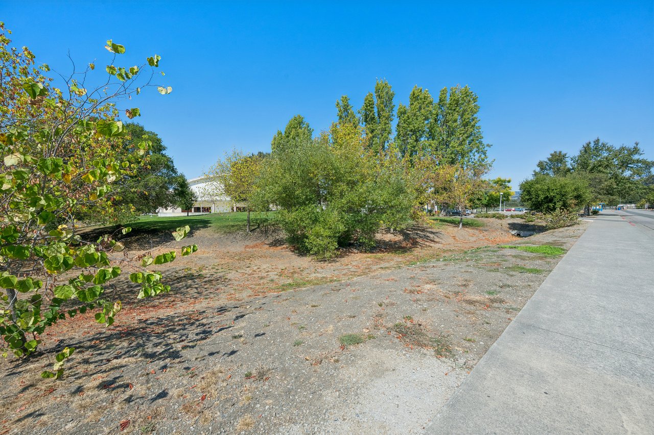 Open property with trees and shrubs, a partly obscured building, and a sidewalk along the street.