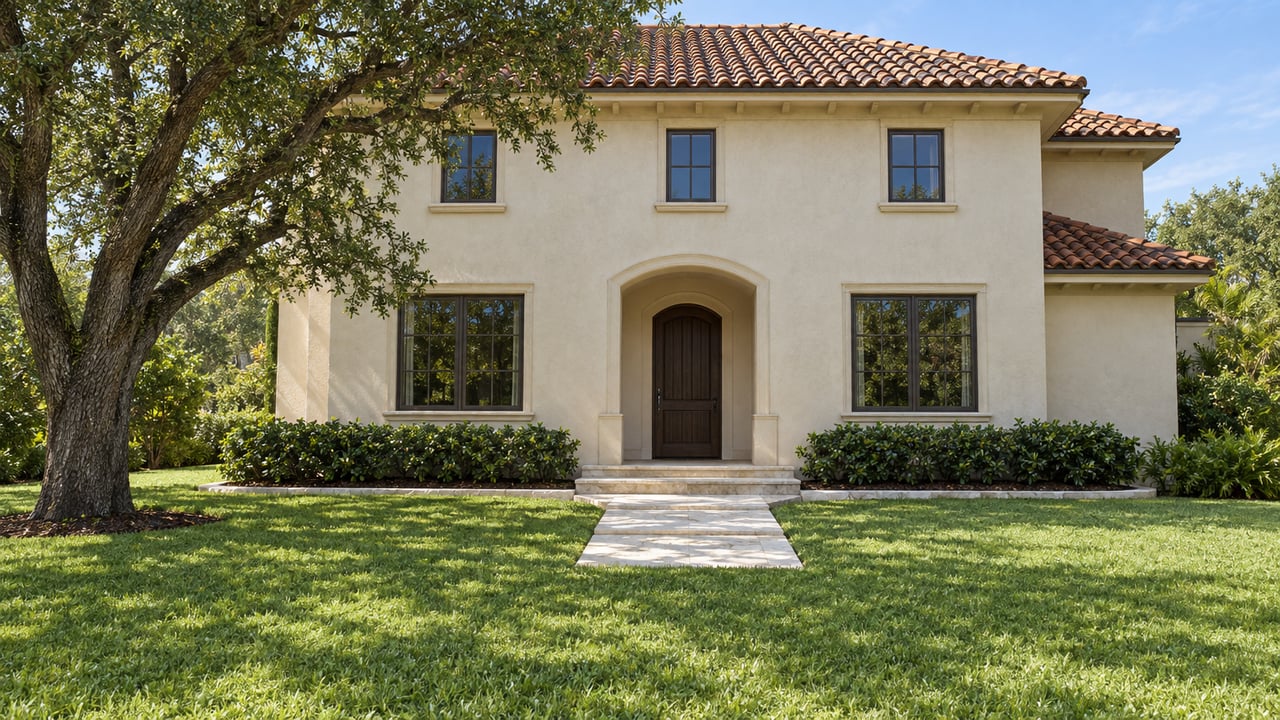 Warm ivory stucco home with a clay-tile roof, broad front lawn, limestone walkway, and mature spreading tree.