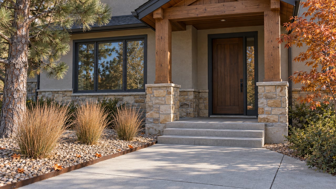 Autumn light on a stone-and-stucco home's recessed timber entrance, concrete approach and copper-colored grasses.