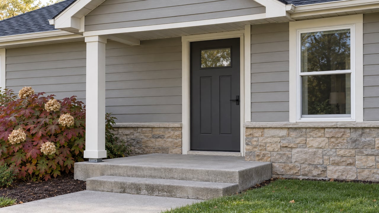 Covered home entry with gray lap siding, stone foundation, worn concrete steps and an autumn oakleaf hydrangea.