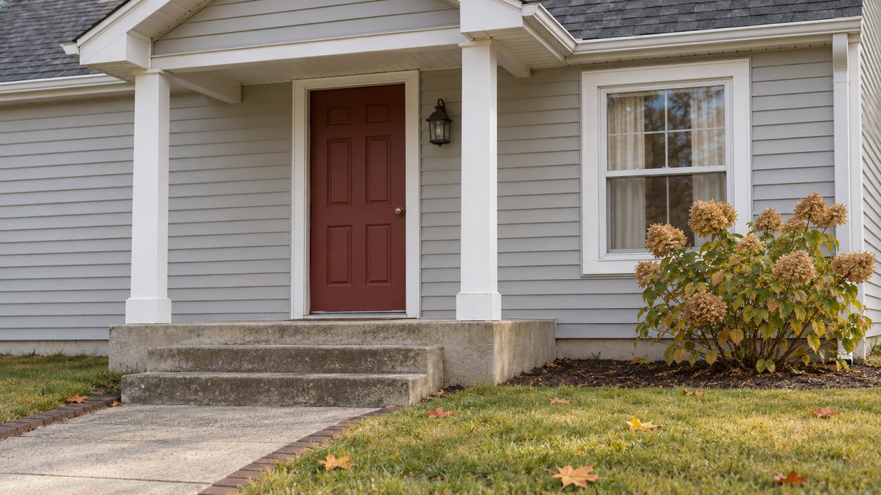 A modest gray-sided home's covered entry with a red door, weathered concrete steps, autumn lawn and dried hydrangea flowers.
