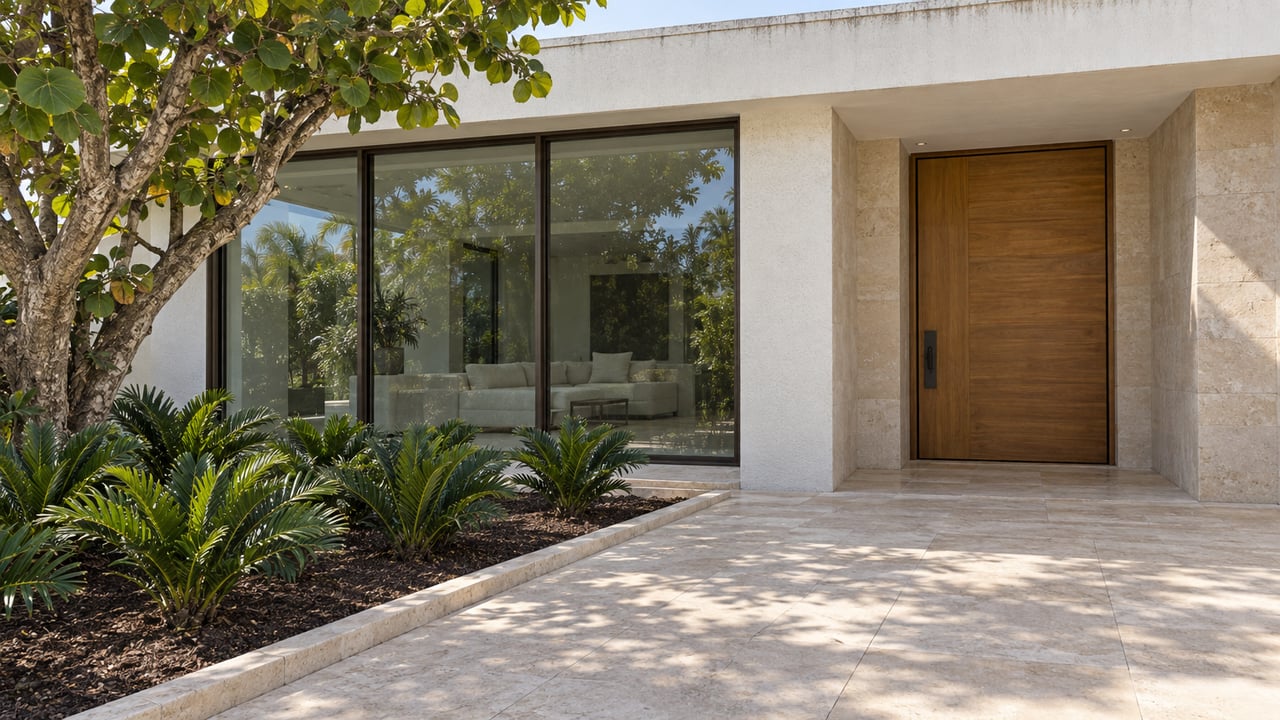 Sunlit limestone approach to a white stucco home with a recessed wood entry door, bronze-framed windows and sculptural sea grape planting.