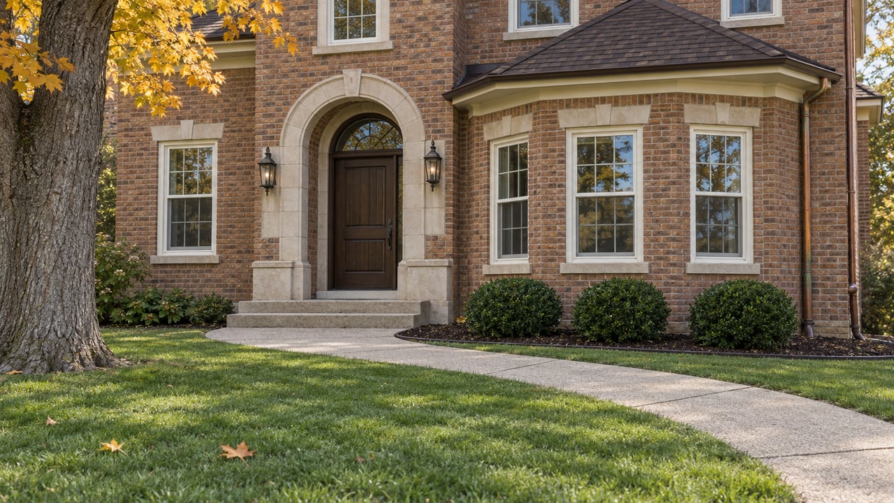 Sunlit brick home with a limestone arched entrance, white-framed windows and a curving concrete walk across an established lawn.