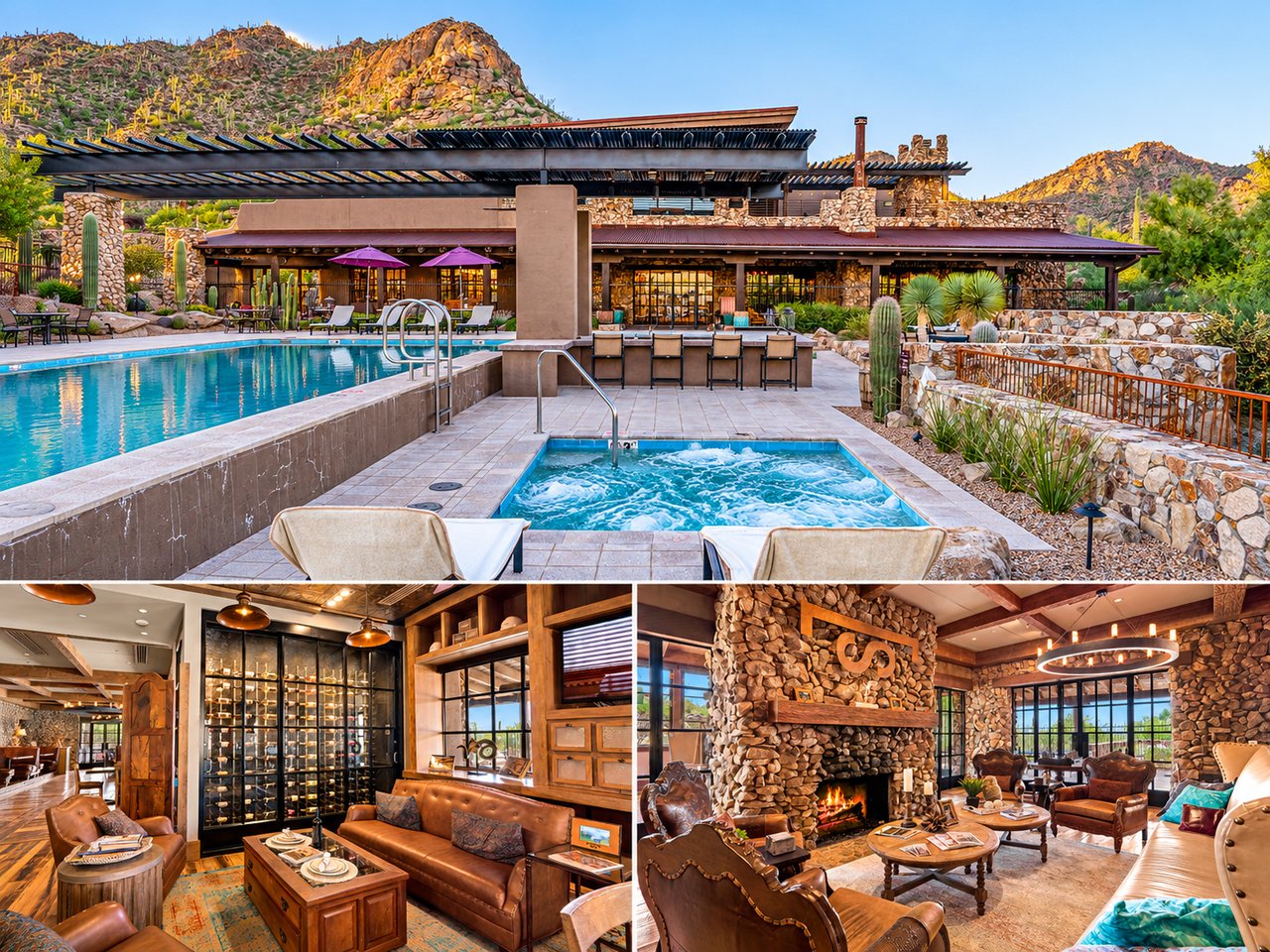 Desert ranch estate with a pool and spa, stone fireplace, and wine cellar.