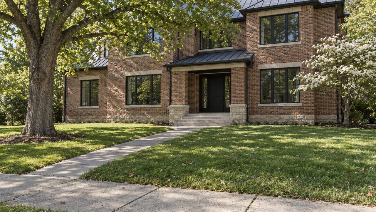 Two-story red-brown brick house with a deep lawn, angled walk, and oak canopy casting dappled shade.