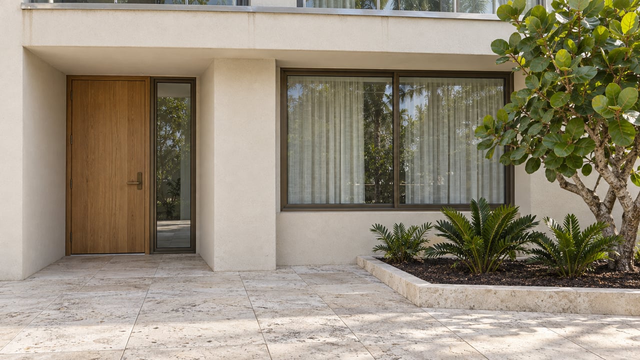 Cream-stucco condominium entry with an oak door, bronze-framed window, shell-limestone terrace and sculptural sea grape planting.