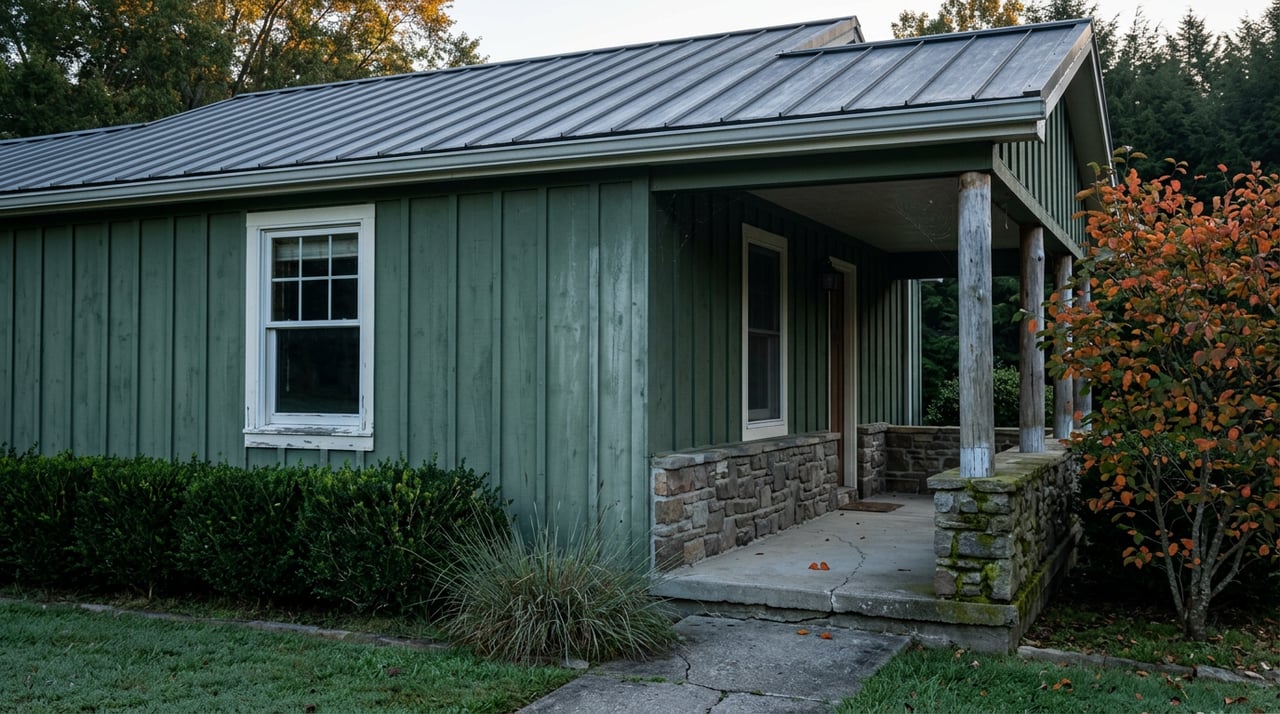 Forest-green ranch home with a timber-post porch, stone half-wall, and dew-bright lawn beneath trees.