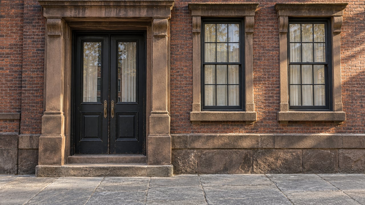 Morning sunlight on a reddish-brown brick residential facade with deep sandstone window surrounds and paired black entrance doors.