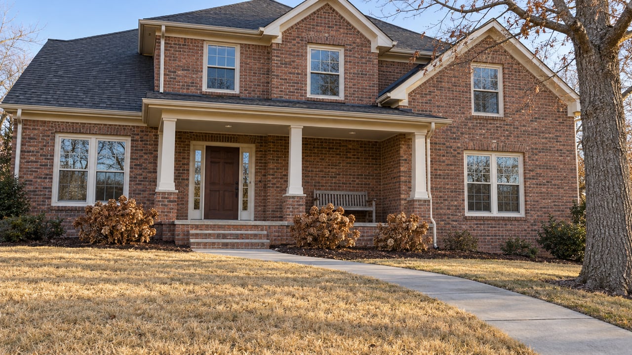 A red-brown brick home with a covered porch, broad dormant lawn and a bare white oak in clear winter afternoon light.