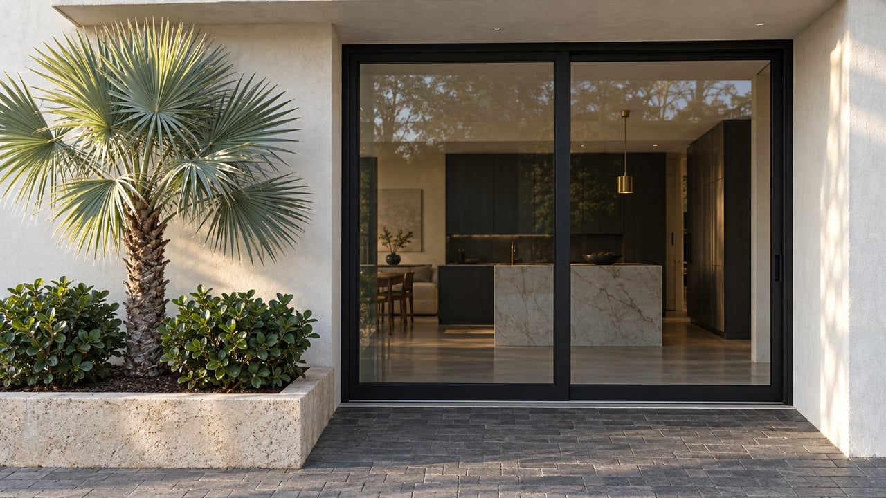 Contemporary home with black-framed glass doors, a silver palm, and a narrow limestone planting bed.