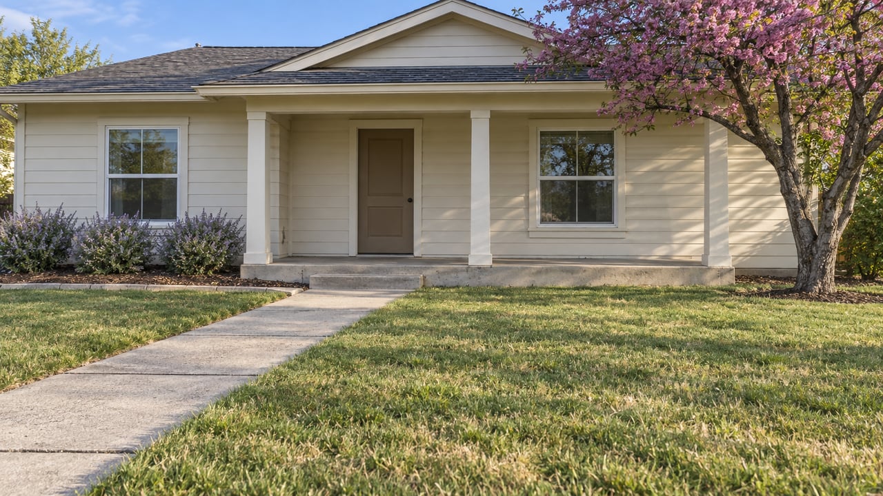 A modest ivory-sided home with a covered front porch, concrete approach and sunlit lawn.