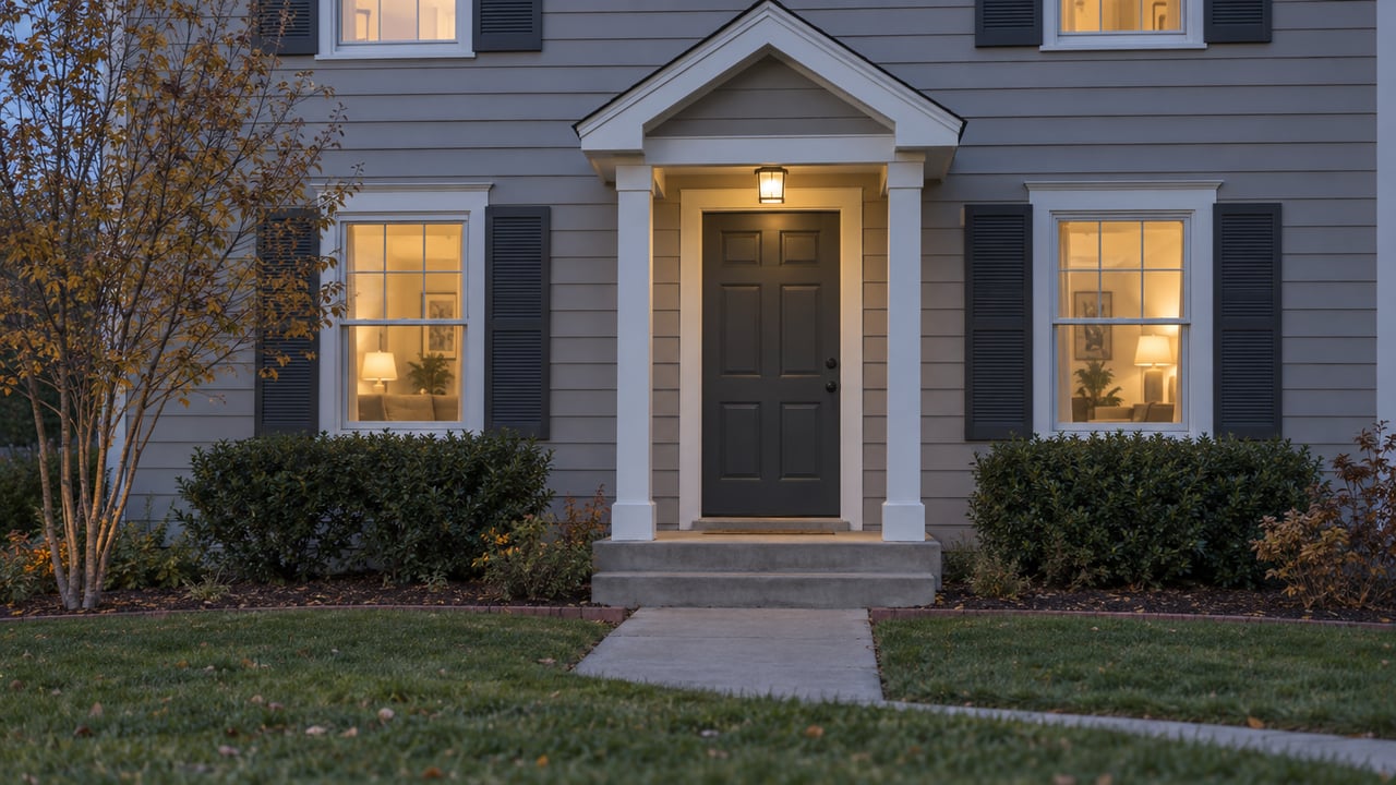 Gray two-story house with centered entry, clipped shrubs, and warm-lit closed windows at blue hour.