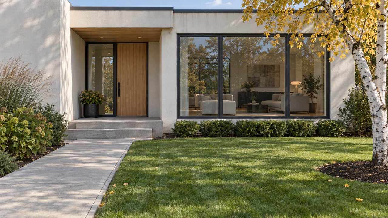 Contemporary detached home with pale stucco, a sheltered oak entrance, large dark-framed windows, and a deep lawn beside a yellow-leaved paper birch.