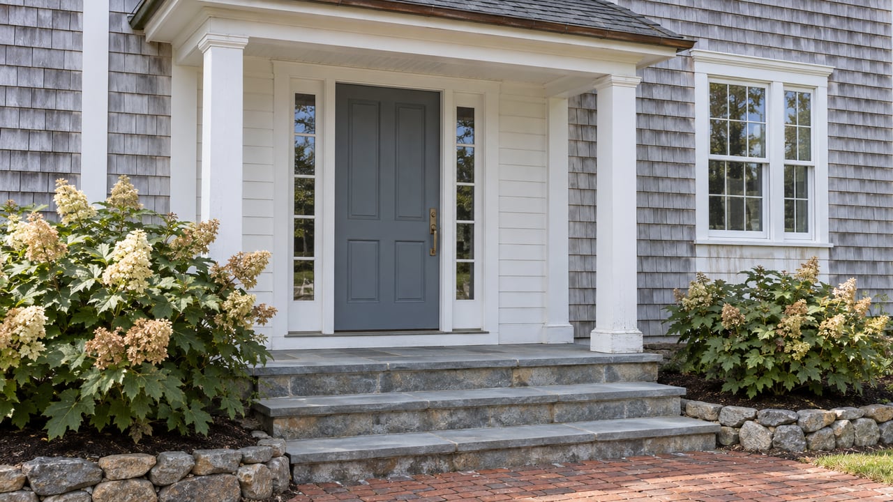 Blue-gray front door with paired sidelights beneath a white porch, weathered cedar shingles, bluestone steps and oakleaf hydrangeas.