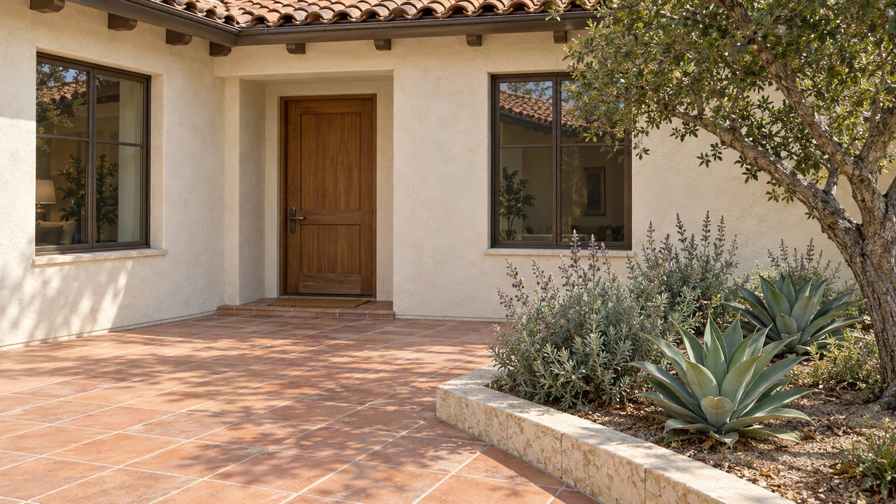 Ivory stucco home with a clay tile roof, oak entry door and terracotta terrace bordered by an oak, Cleveland sage and foxtail agaves.