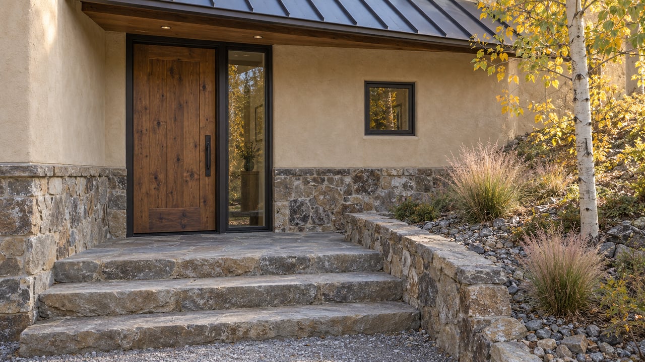Mountain home entry with a weathered timber door, stone steps, and a yellow-leaved aspen.