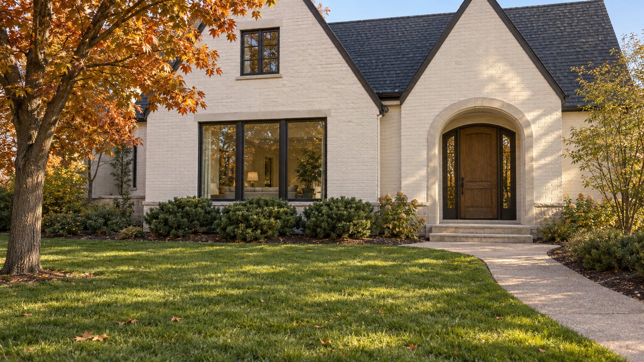 Ivory painted-brick home with steep gables, arched oak entry, curved concrete walk and an autumn maple beside a broad lawn.