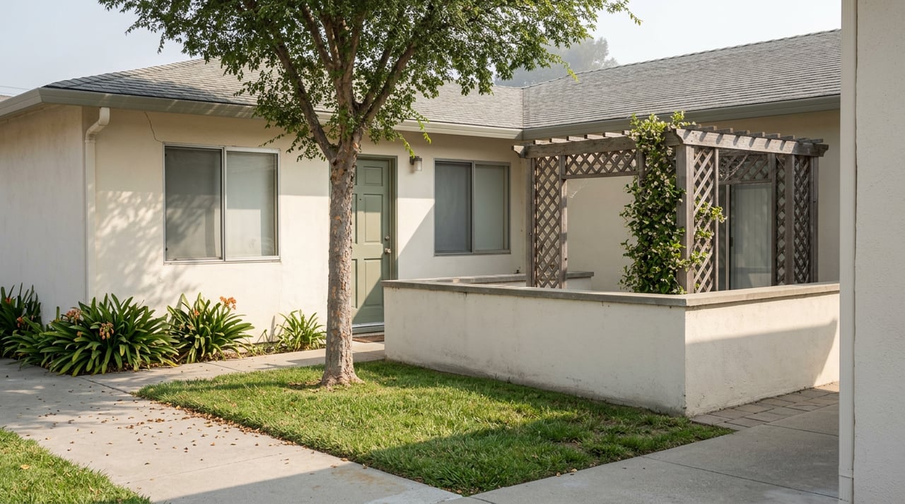 Attached garden apartment with a sage-green door, small walled patio, and elm shading a narrow lawn.