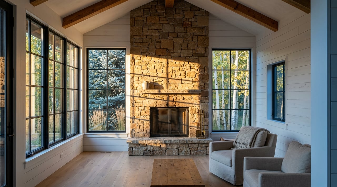 Fieldstone fireplace beneath exposed timber beams, with linen armchairs and spruce and aspen trees visible through the windows.