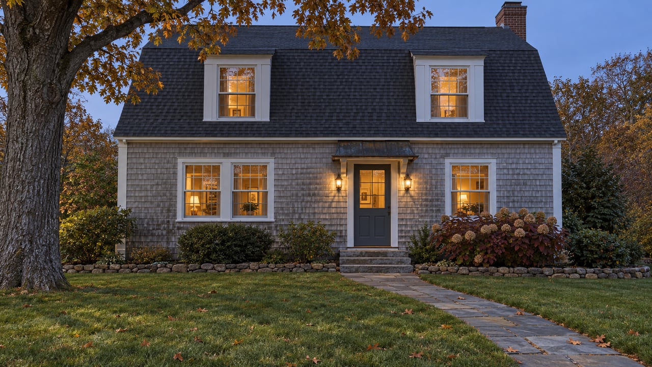 Cedar-shingled gambrel home at twilight, with warm windows, a bluestone approach, and autumn oak leaves across a deep front lawn.