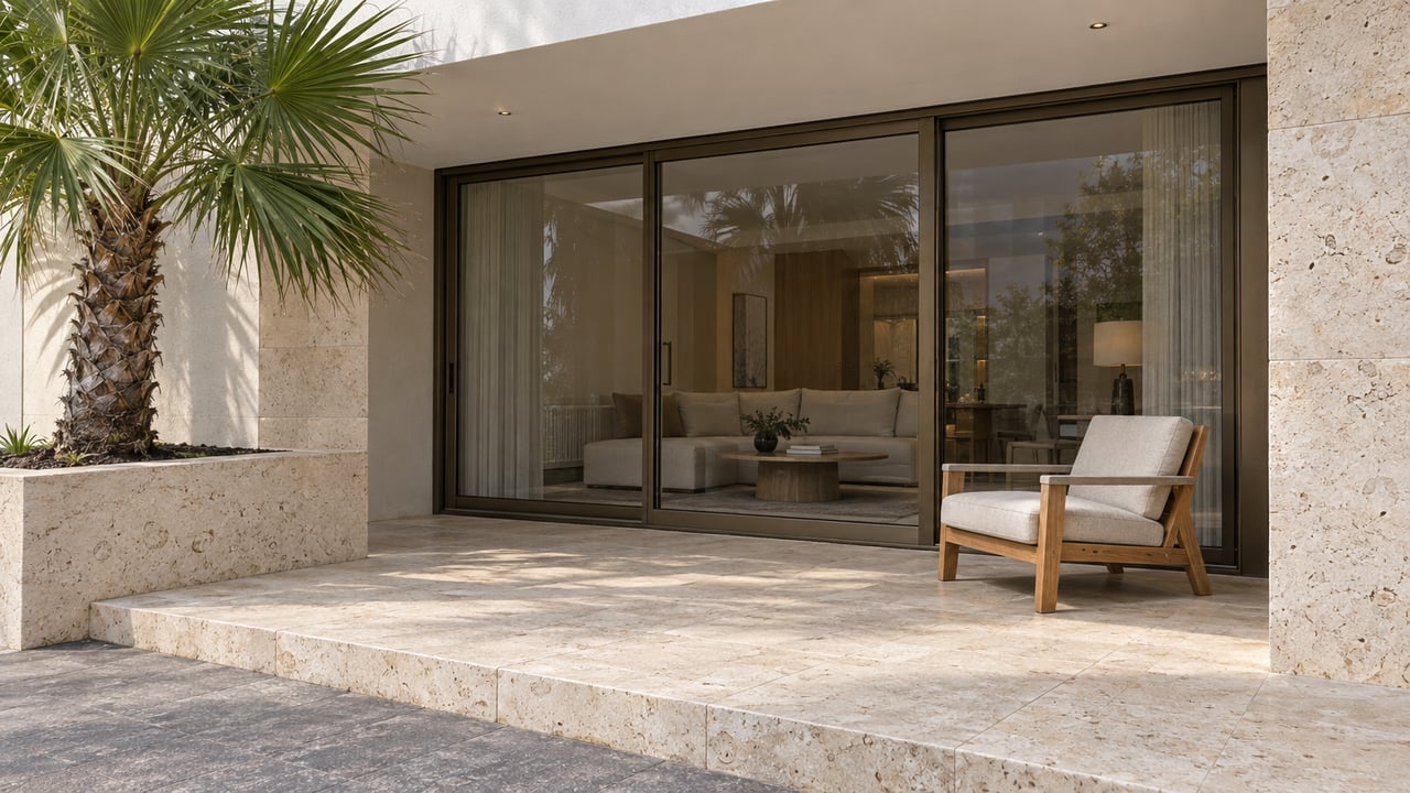 Shell-stone condominium terrace with bronze-framed glass doors, a teak lounge chair and one fan palm.