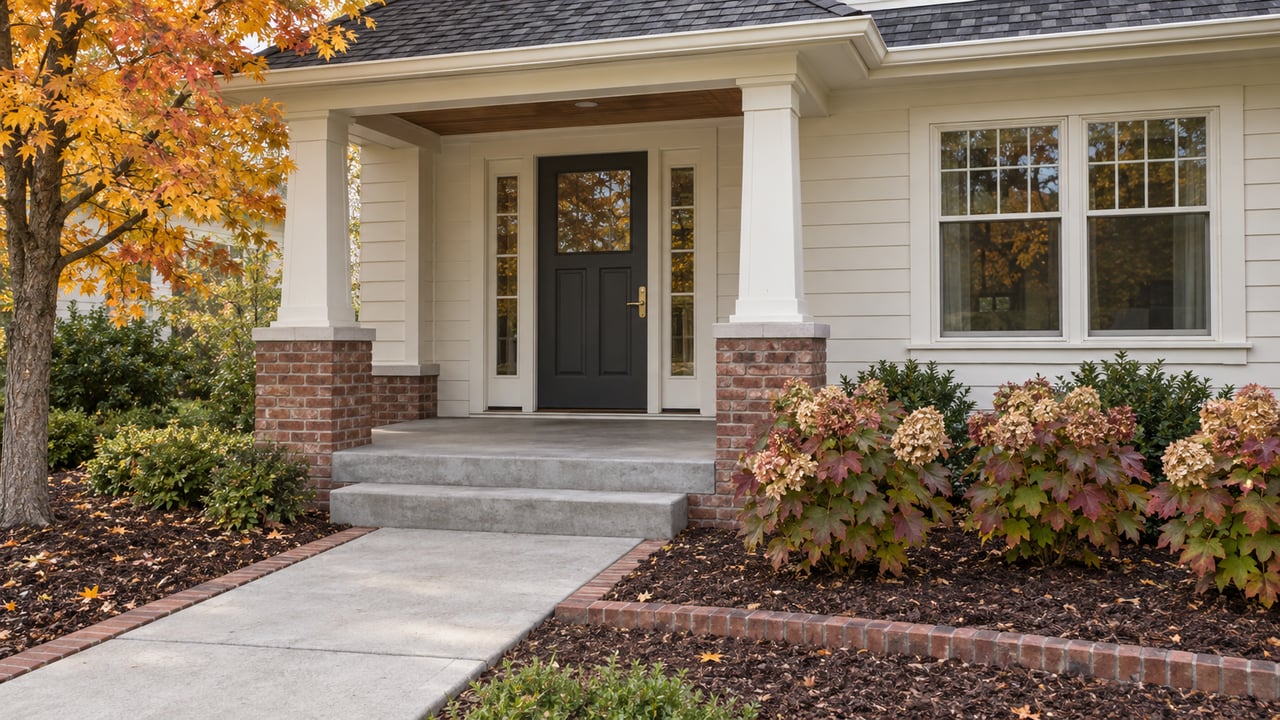 Elevated view of a cream-sided home's covered entry, brick porch base, concrete approach, and autumn maple and oakleaf hydrangeas.