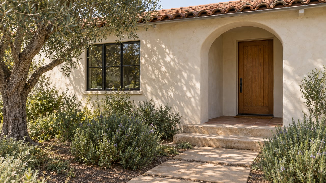 Ivory stucco bungalow with a terracotta tile roof, arched oak entry, divided-lite window, and olive tree beside the paver path.