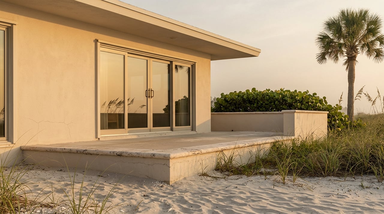 Gulf-front residence terrace above rippled sand, dune grass, travertine coping, glass doors, and palm.
