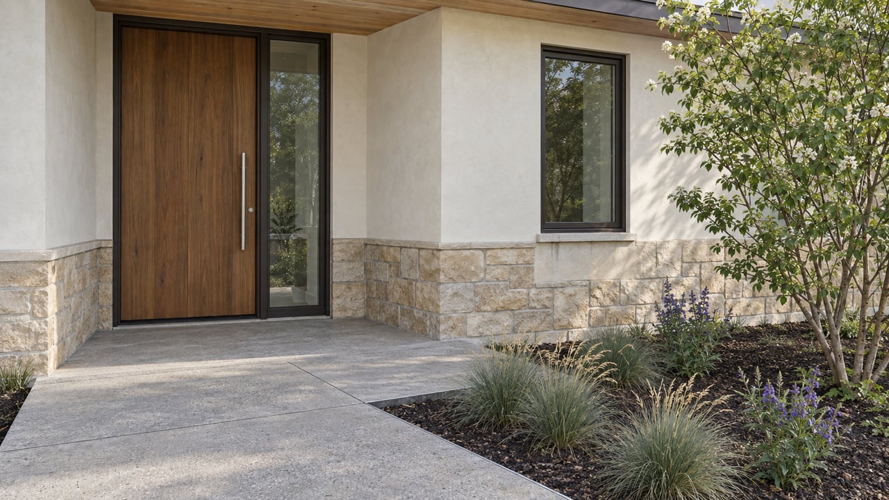 Contemporary home entry with a walnut-toned door, sandstone plinth, concrete approach, and small planted bed.