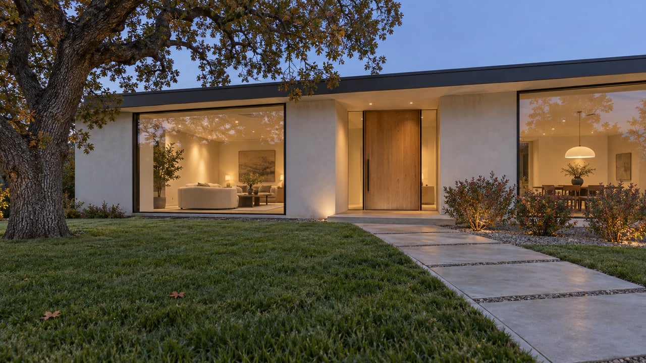 Contemporary stucco home at blue hour with a recessed oak entry, expansive glass, a deep lawn and a mature valley oak.