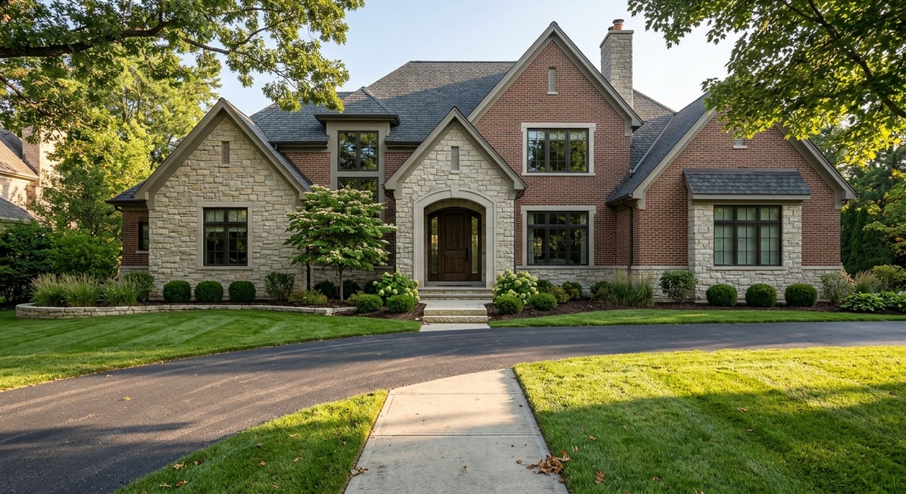 Brick-and-limestone home with an arched entry, paired windows, and a curving driveway across the lawn.