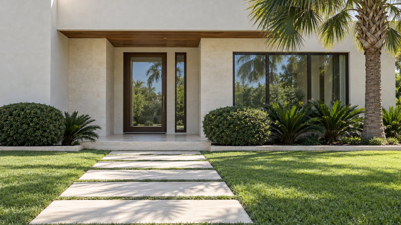 Coastal home with a recessed glazed entry, limestone path through lawn, and a mature palm above.