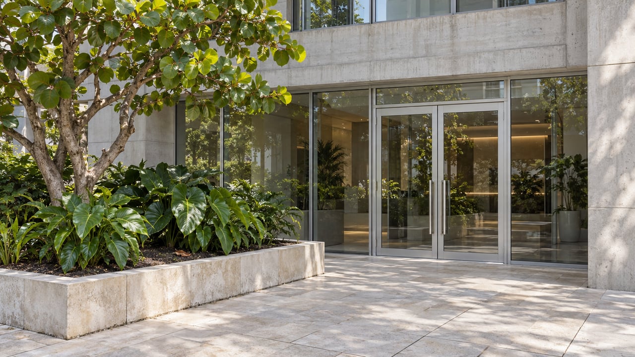 Glass residential entrance beside a sea grape tree and philodendrons in a raised limestone garden bed, viewed across pale stone paving.