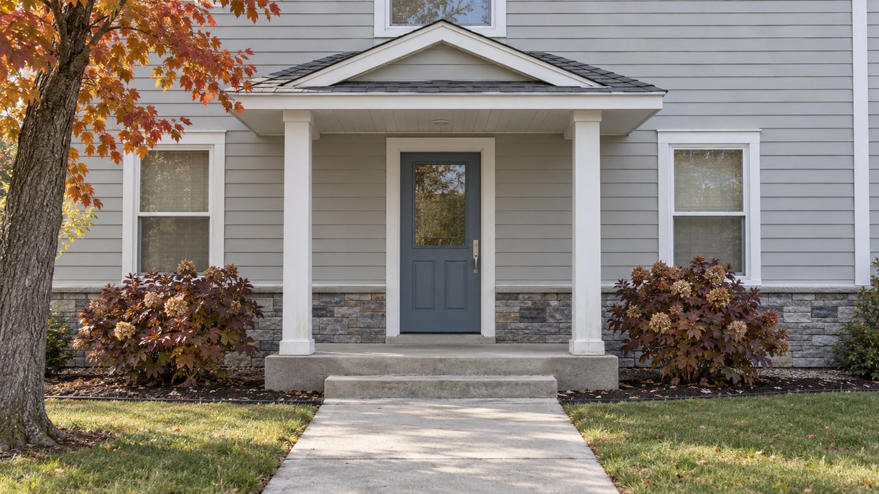 Gray clapboard home with a small gabled porch, blue front door, concrete approach and autumn planting.