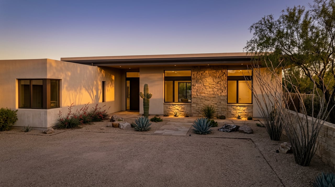 Desert-modern home with a sandstone entry wall, glowing windows, and a gravel courtyard at dusk.