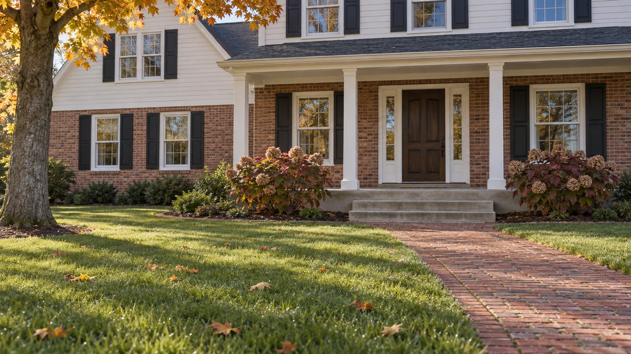 Autumn morning light across a deep front lawn and brick walk leading to a traditional brick and ivory-sided home beneath an amber sugar maple.