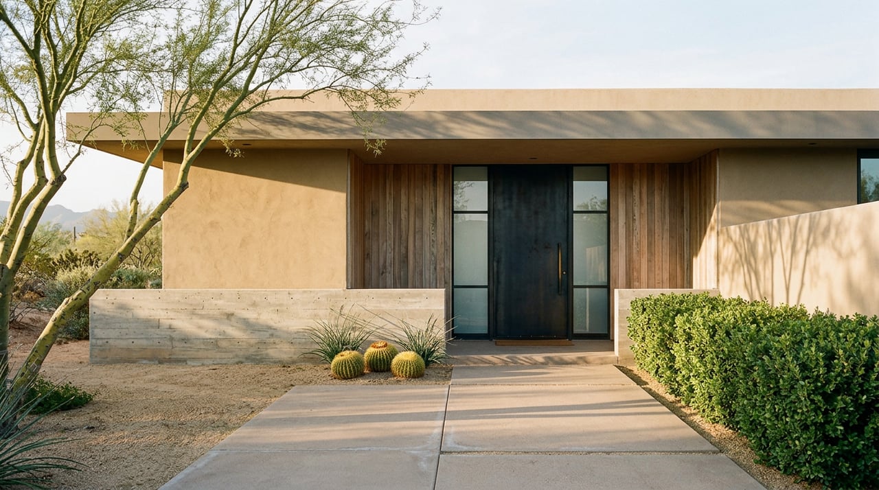Desert ranch entry with a black steel door, weathered cedar panel, barrel cacti, and a palo verde tree.