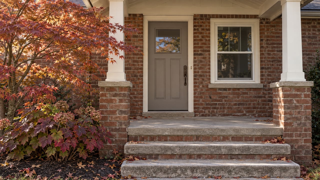Brick home entry with a gray door, three concrete steps, and copper-red autumn leaves beside the porch.