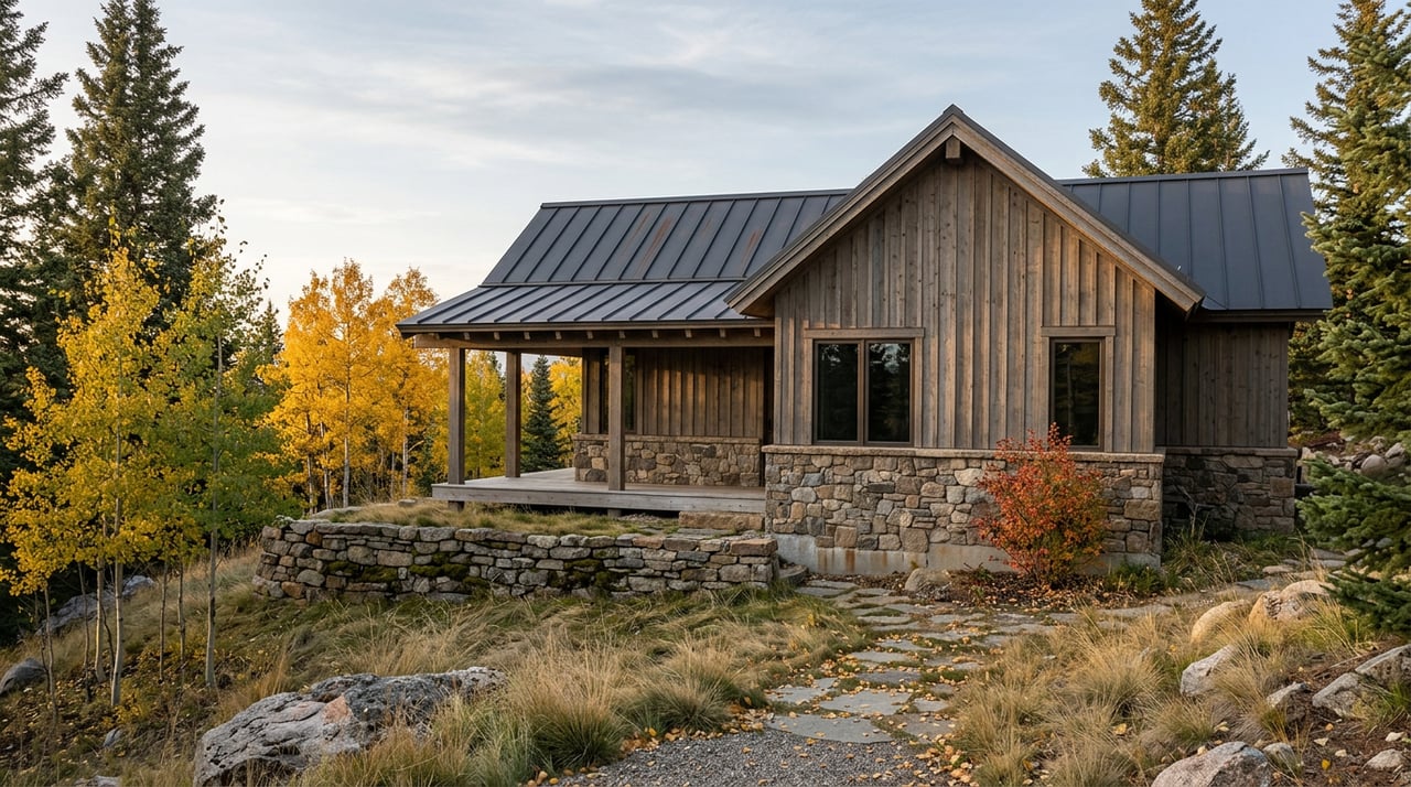 Mountain chalet with a stone retaining wall, golden aspens, spruce trees, and a rocky foreground slope.