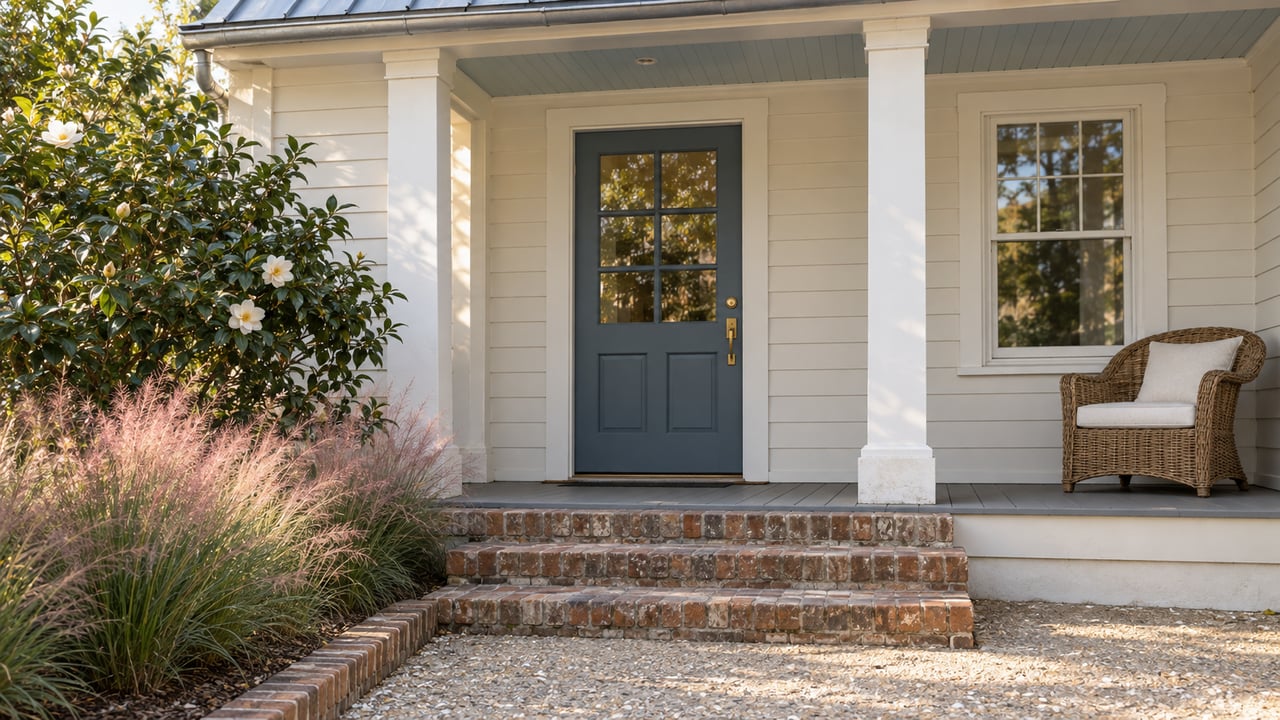 Cream clapboard cottage porch with a slate-blue glazed door, brick steps, a rattan chair and flowering garden planting.